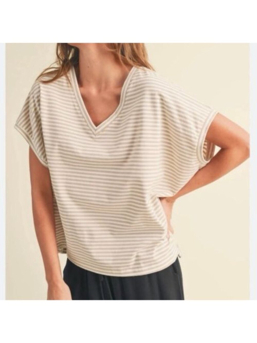 Miou Muse Striped Oversized V-Neck Dolman Sleeve Cotton Top Small